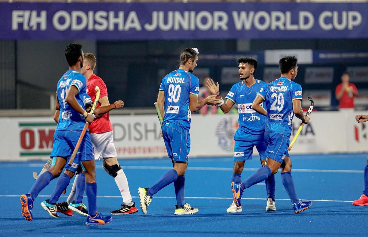 India players celebrate after a goal during their FIH Men's Junior World Cup 2021 hockey match against Poland. Credit: PTI Photo