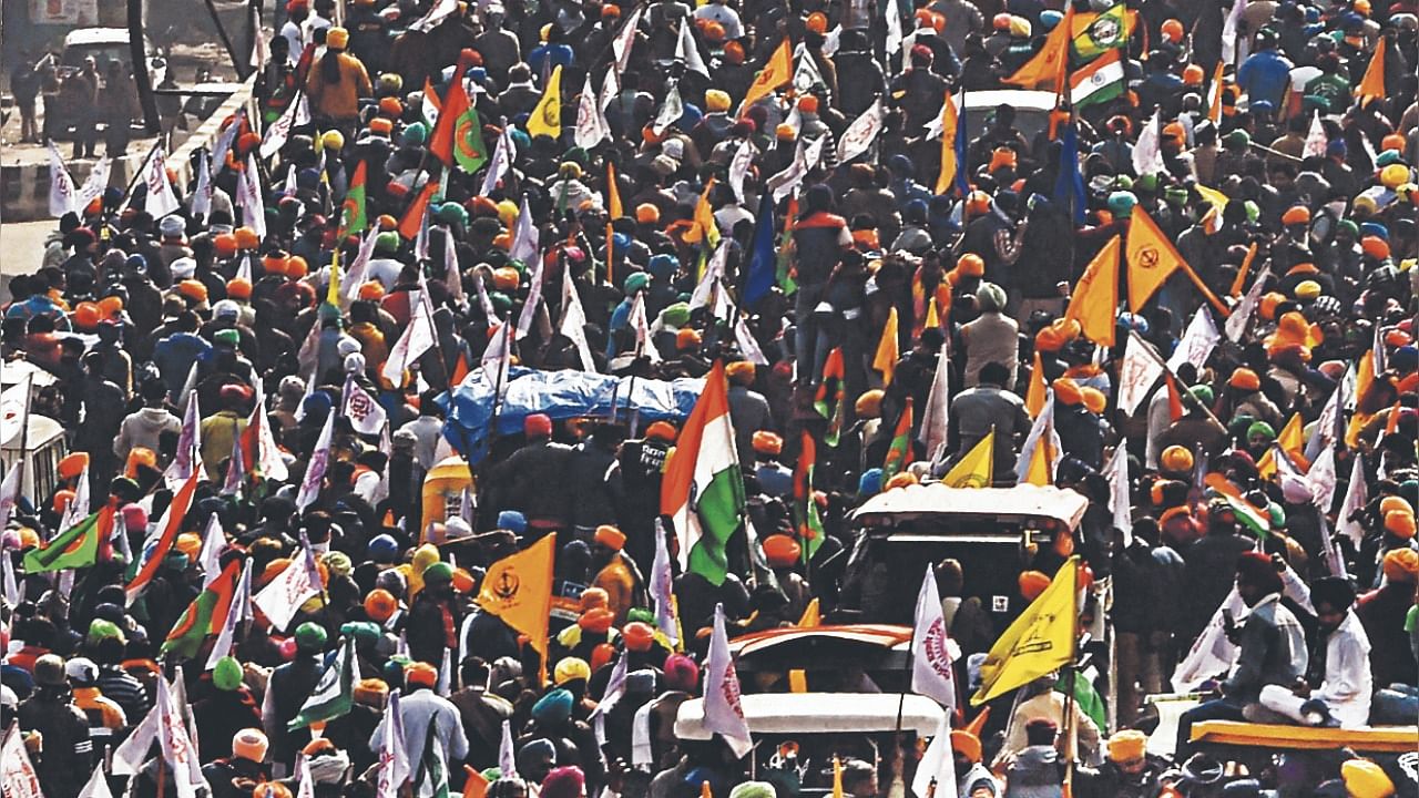 File image of farmers during a tractor rally at Singhu border. Credit: PTI Photo