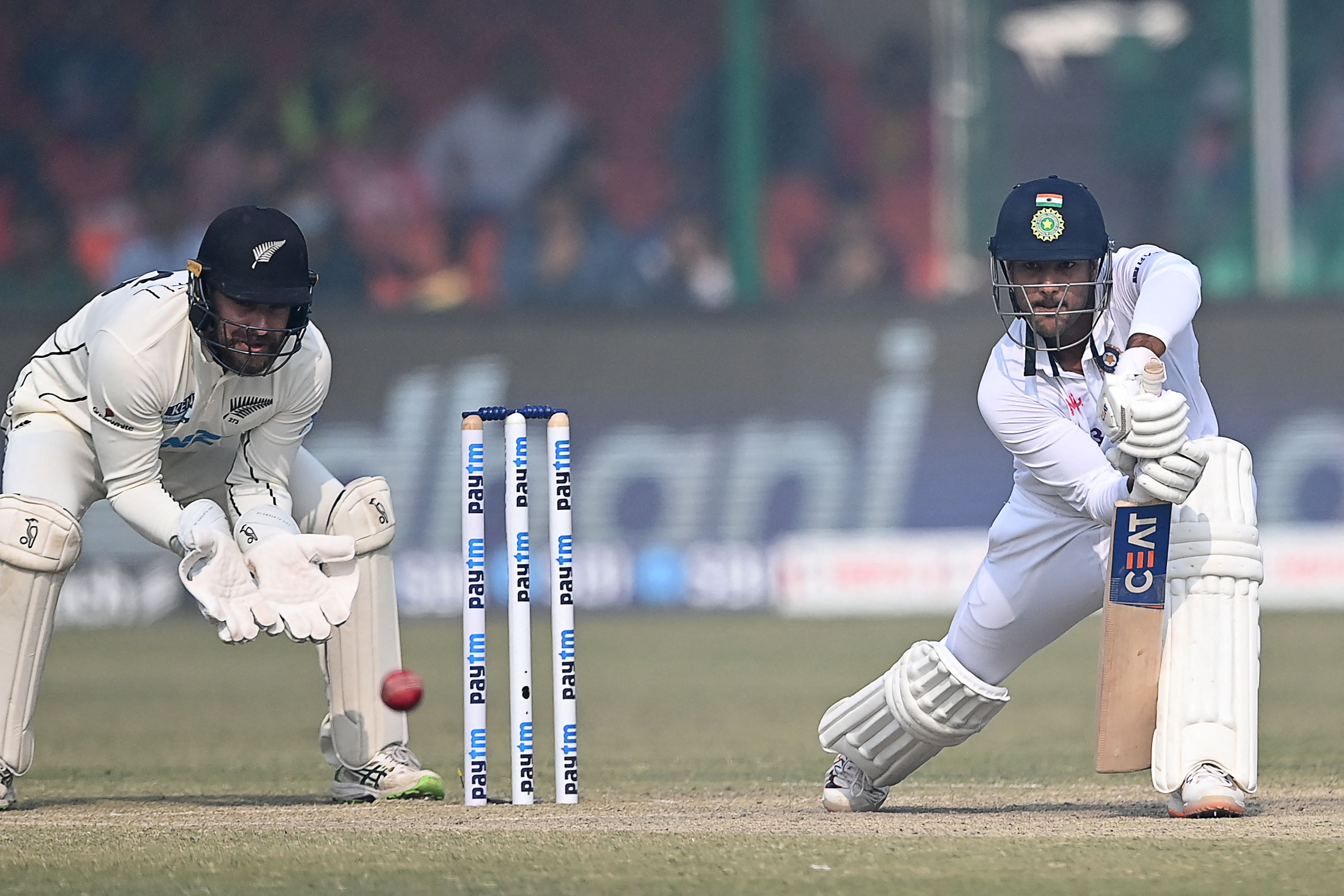 India's Mayank Agarwal in action versus New Zealand. Credit: AFP Photo