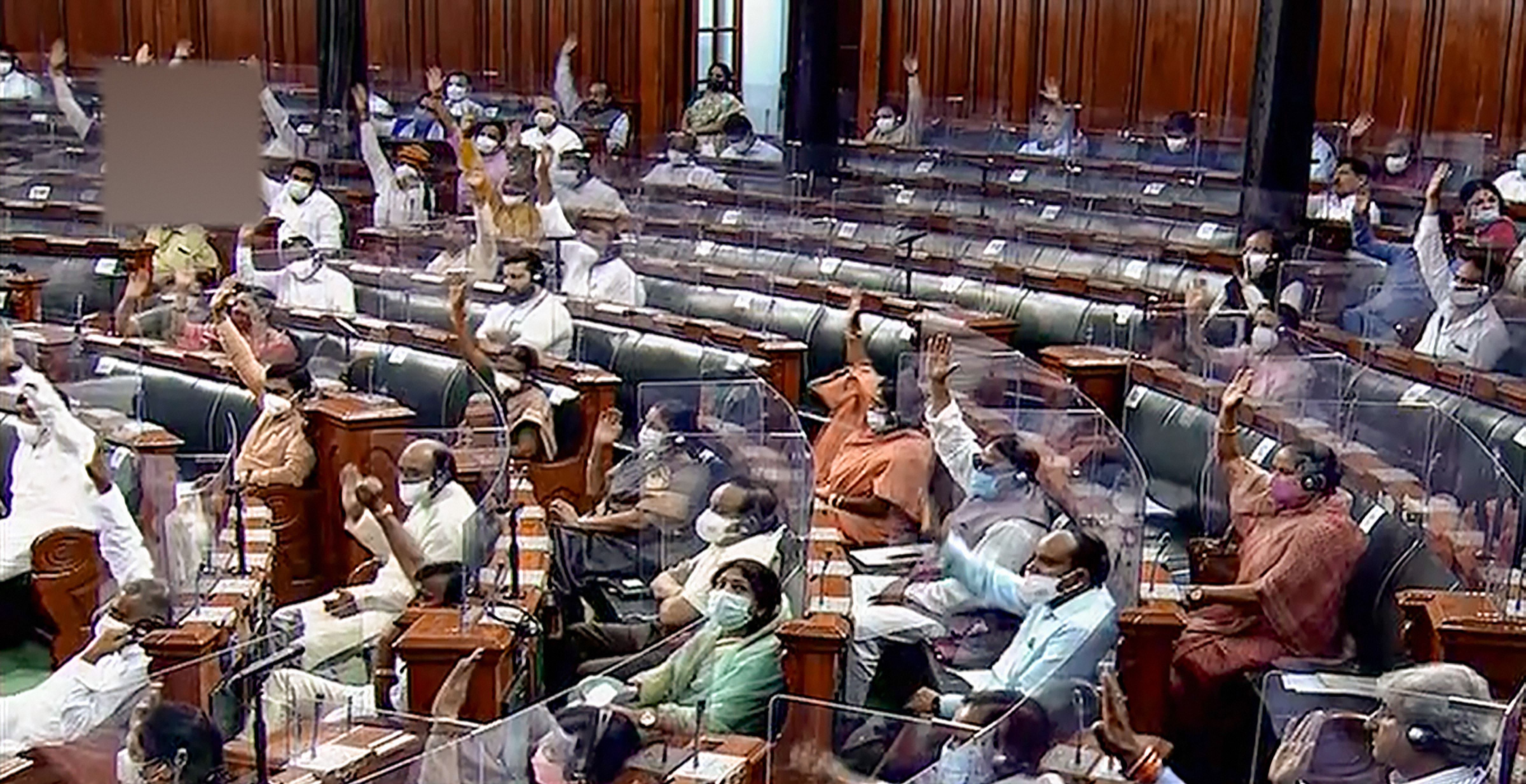 The proceedings of the Rajya Sabha were adjourned till 2 pm on Monday amid sloganeering by opposition parties on various issues, including those related to farmers. Credit: PTI File Photo