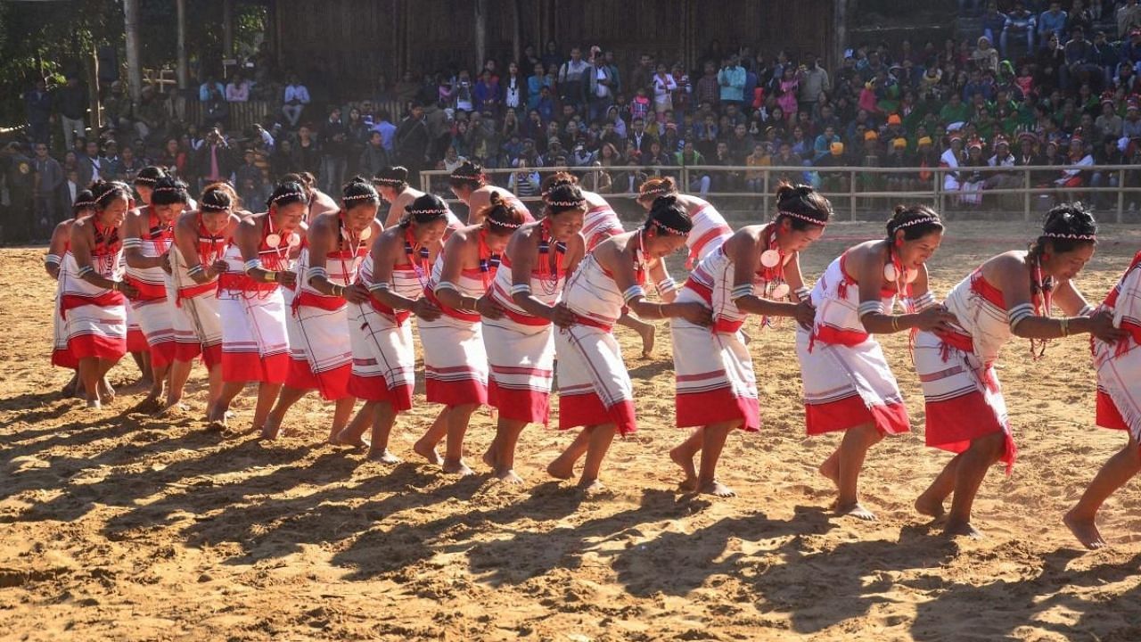 Members of a Naga tribe perform on the eight day of Hornbill festival in 2018. Credit: PTI File Photo