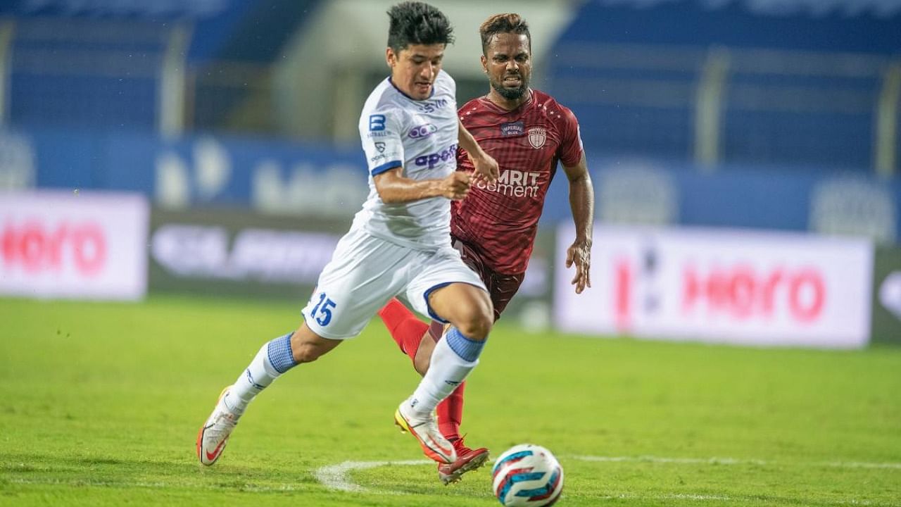 Anirudh Thapa of Chennaiyin FC scores a goal during match 20 of season 8 of Indian Super League played between Northeast United FC and Chennaiyin FC, at Fatorda Stadium in Goa. Credit: PTI Photo