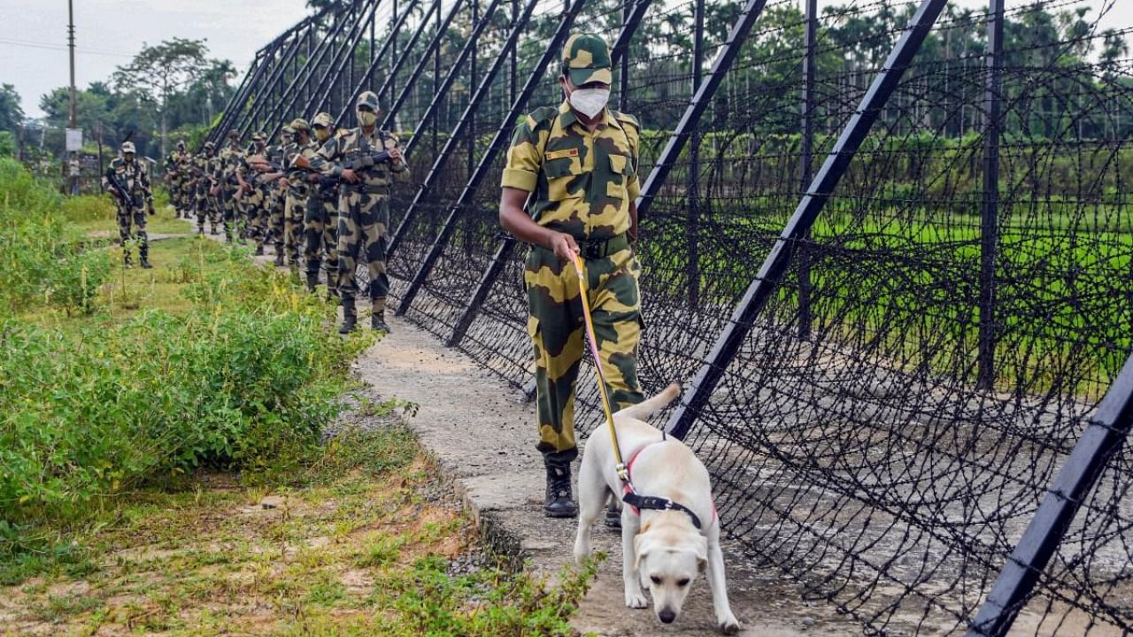 Border Security Force (BSF) personnel patrol along the India-Bangladesh border. Credit: PTI Photo