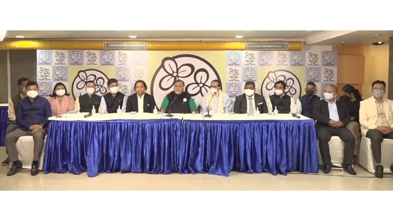 Mukul Sangma with other MLAs who defected to TMC adresses a press briefing. Credit: Facebook/AITC