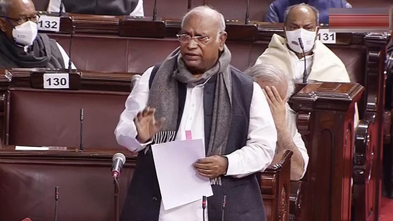 Leader of the Opposition Rajya Sabha Mallikarjun Kharge speaks in the House during the Winter Session of Parliament. Credit: PTI Photo