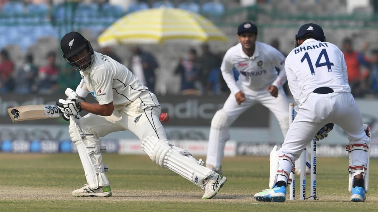 New Zealand's Rachin Ravindra plays a shot during the day three of their first test cricket match with India in Kanpur, on Saturday, Nov. 27, 2021. Credit: IANS Photo