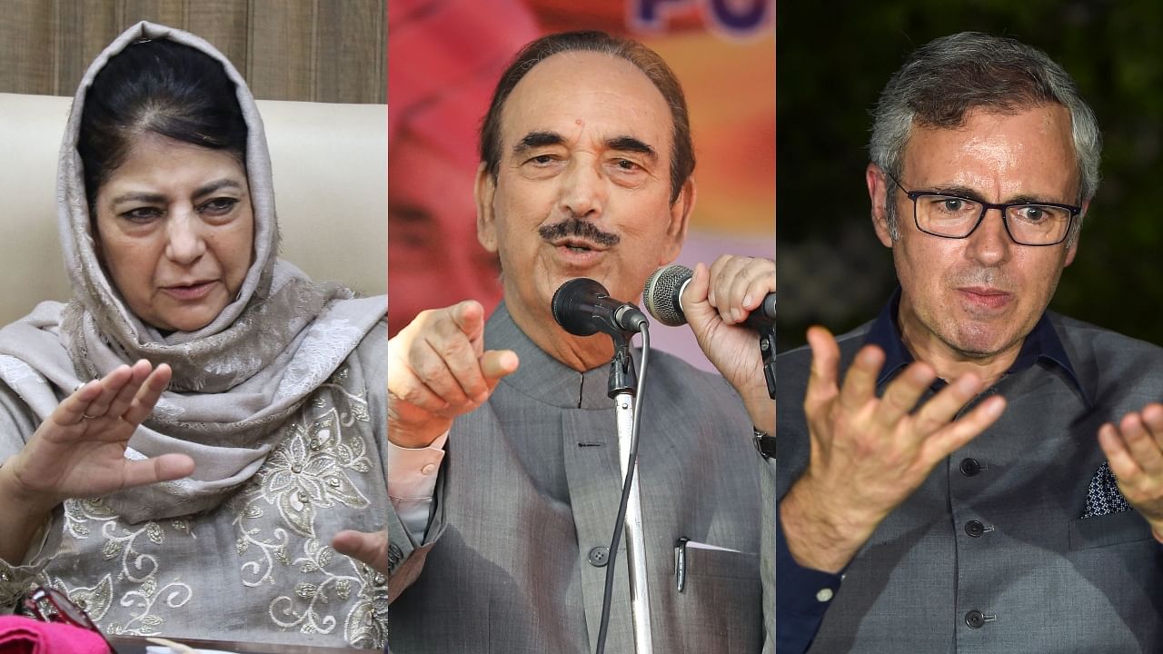 PDP chief Mehbooba Mufti (L), Congress leader Ghulam Nabi Azad (C) and NC's Omar Abdullah. Credit: PTI File Photos