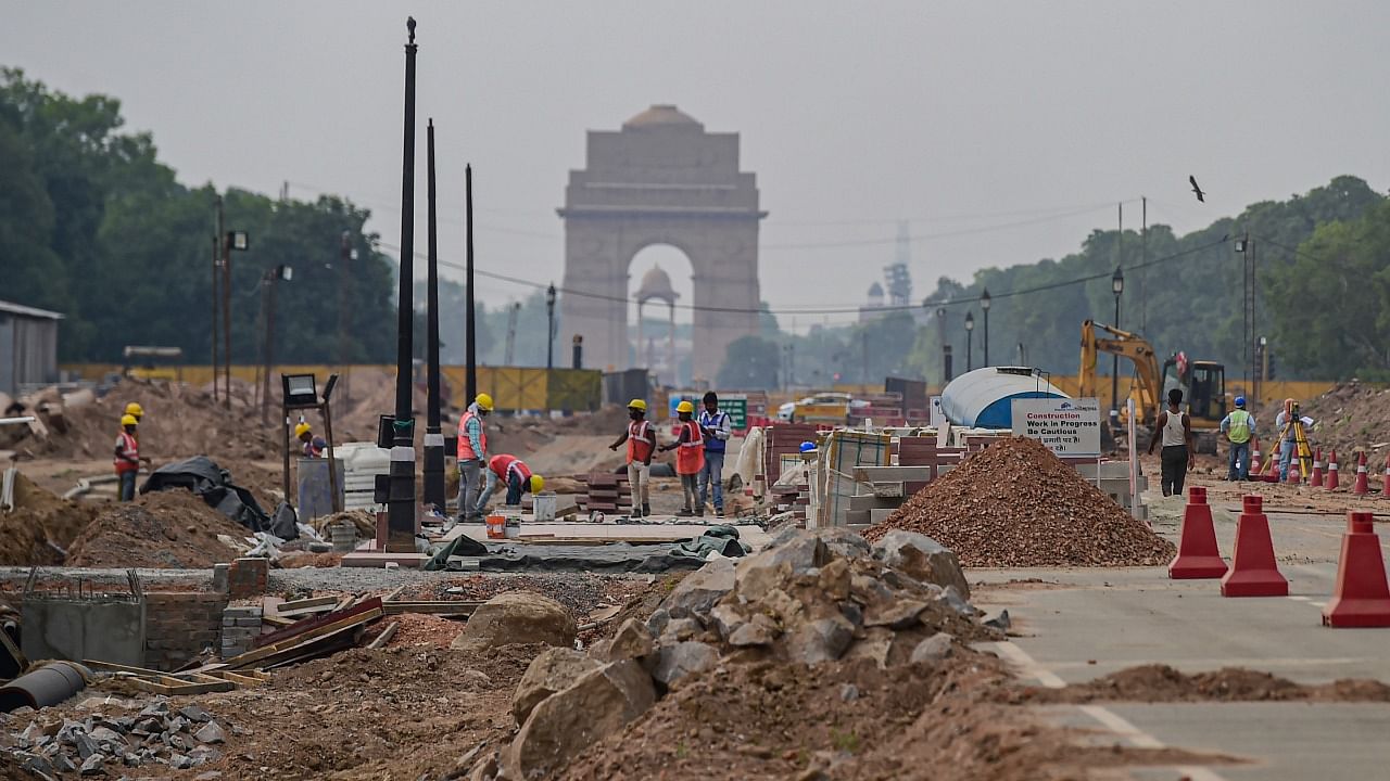 A file photo of construction work underway as part of the Central Vista Redevelopment Project, at Rajpath in New Delhi. Credit: PTI Photo