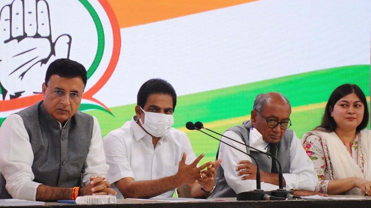 Congress leaders K C Venugopal, Digvijay Singh and Randeep Surjewala during a special Congress Party briefing at Party Head Office in New Delhi on Wednesday November 10, 2021. Credit: IANS