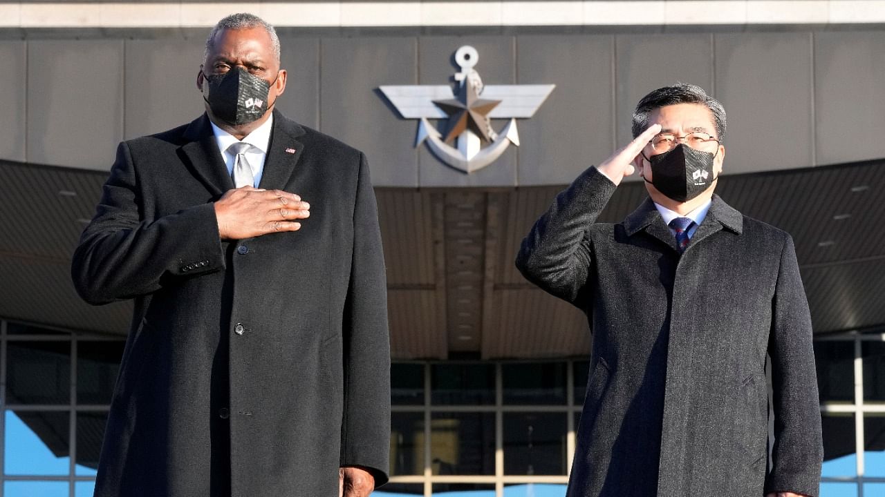 US Defense Secretary Lloyd Austin with his South Korean counterpart Suh Wook. Credit: Reuters Photo