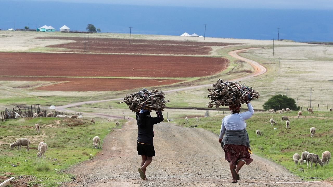 Women walk on a dirt road carrying firewood in Qumanco. Credit: Reuters Photo