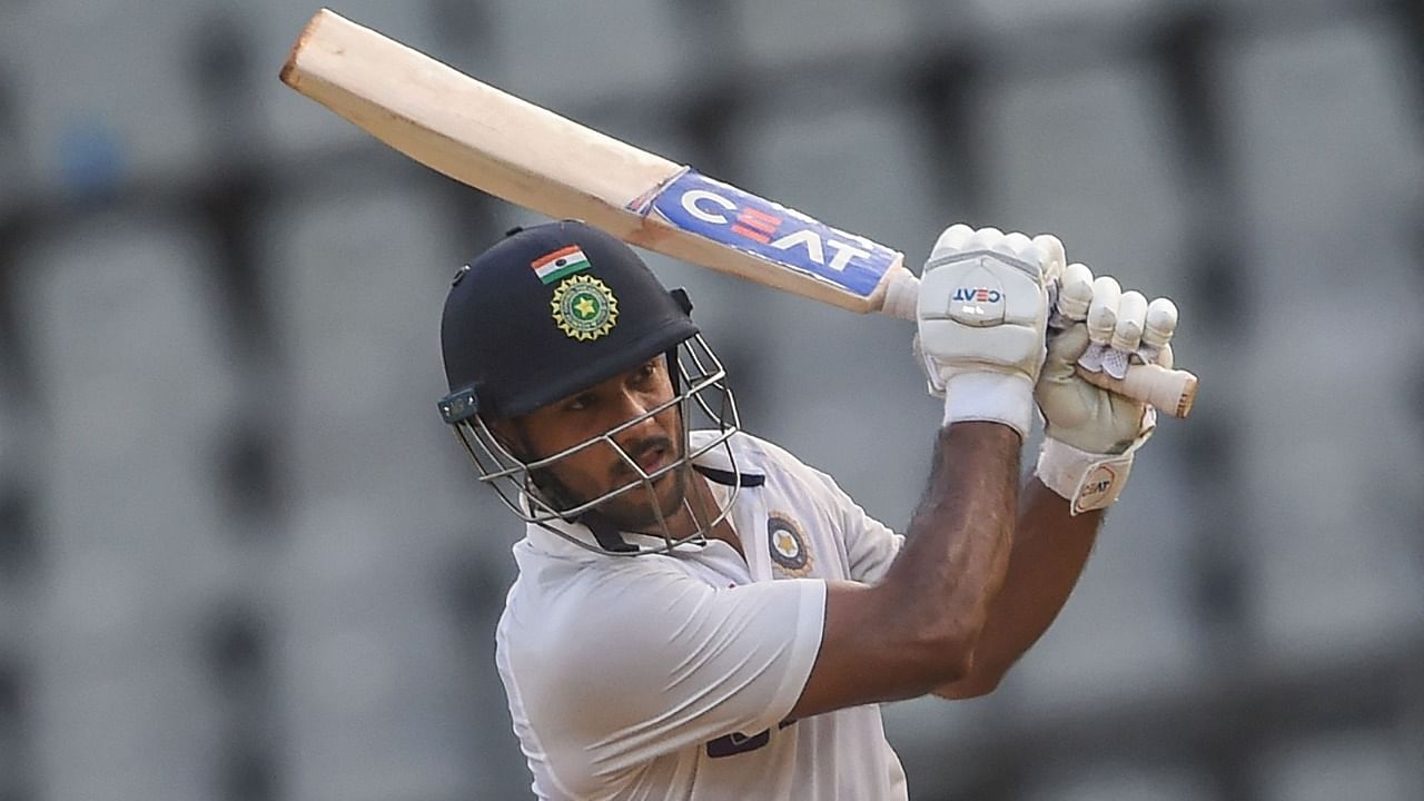 India's Mayank Agarwal plays a shot on the first day of the second Test cricket match between India and New Zealand at the Wankhede Stadium in Mumbai on December 3, 2021. Credit: AFP Photo