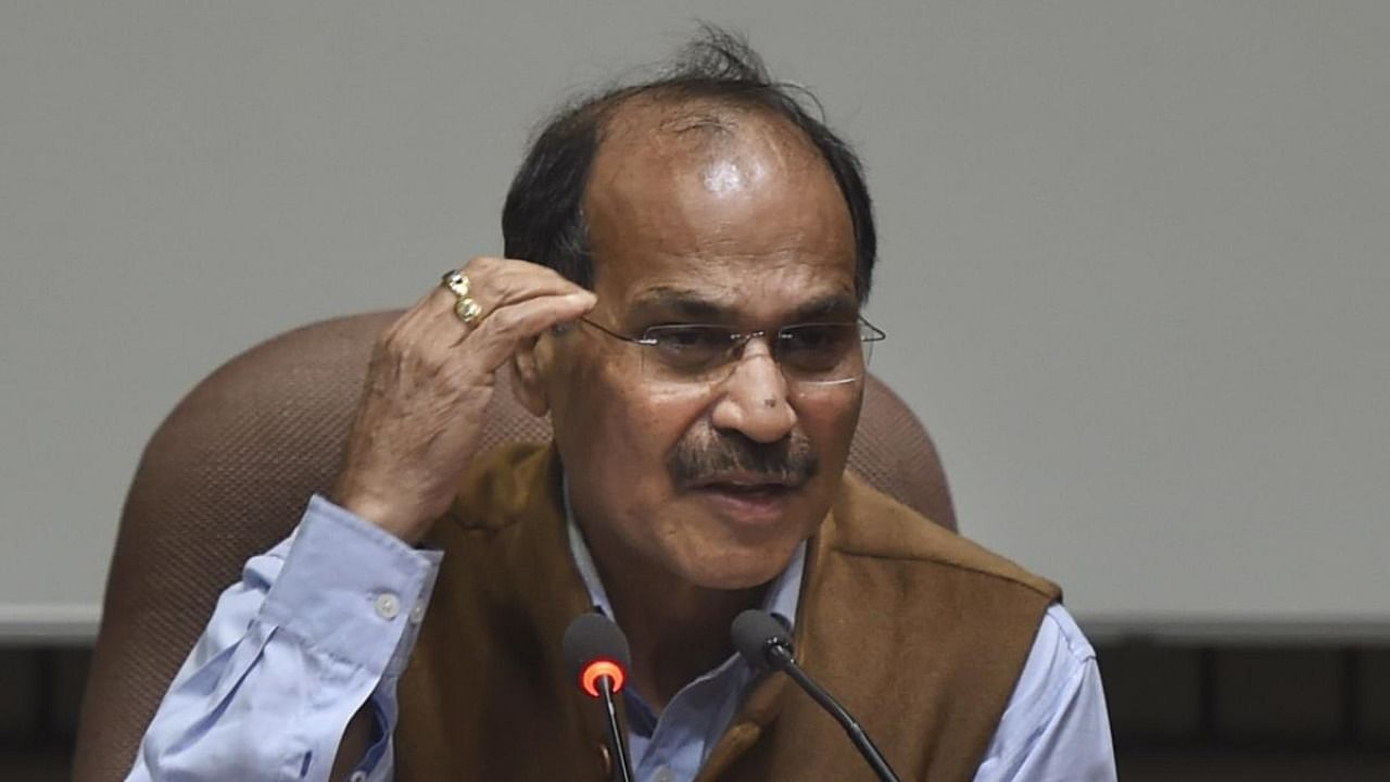 Public Accounts Committee (PAC) chairperson and senior Congress leader Adhir Ranjan Chowdhury addresses a press conference at Parliament Library Building in New Delhi. Credit: PTI Photo