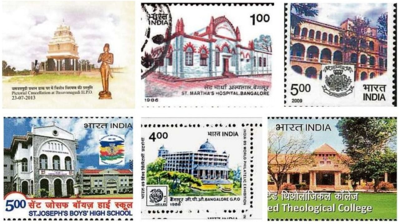 Clockwise: A first day cover of the Kempegowda tower in Basavanagudi; A commemorative stamp of St Martha's hospital in Basavanagudi, released in 1986; stamp commemorating St Joseph's College; United Theological College stamp released in 2001; the iconic Bengaluru GPO stamp released in 1988; the St Joseph's Boys High School stamp.