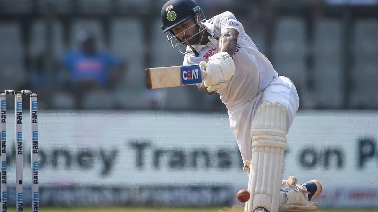 India's Mayank Agarwal plays a shot during the second day of the second Test cricket match between India and New Zealand at the Wankhede Stadium in Mumbai. Credit: AFP Photo