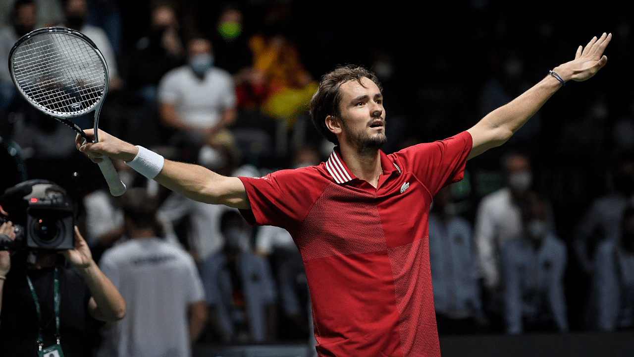 Russia's Daniil Medvedev celebrates at the end of the men's singles semi-final tennis match between Russia and Germany. Credit: AFP Photo
