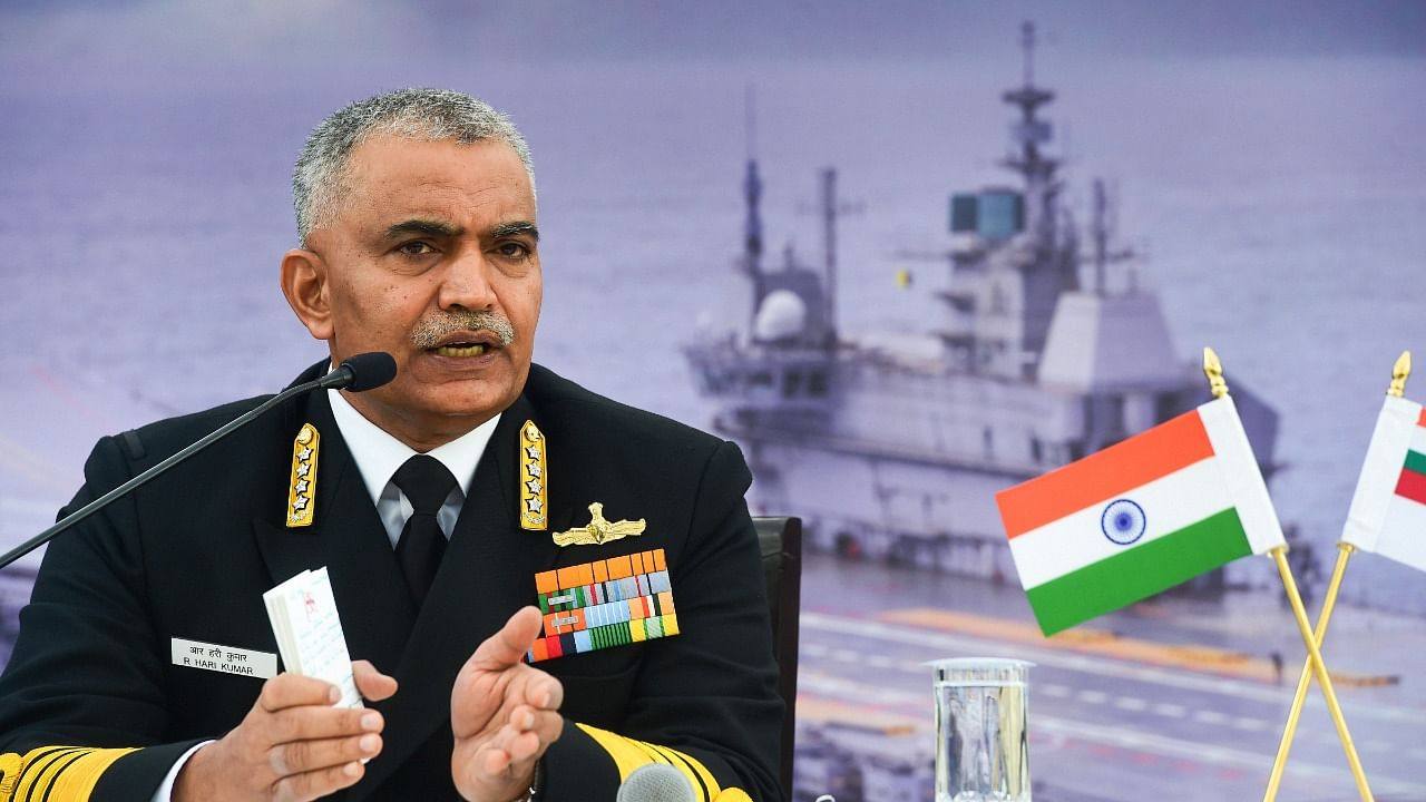 Navy Chief Admiral R Hari Kumar addresses a press conference in New Delhi. Credit: PTI Photo