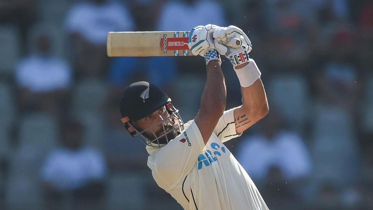 New Zealand's Daryl Mitchell plays a shot during the third day of the second Test cricket match between India and New Zealand at the Wankhede Stadium in Mumbai. Credit: AFP Photo