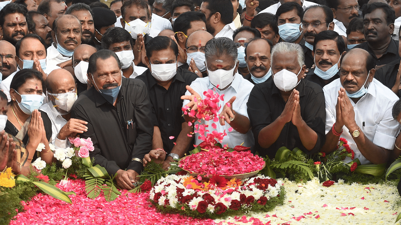 Former Tamil Nadu Chief Minister Edappadi K Palaniswami, AIADMK Coordinator O Panneerselvam and AIADMK senior leaders pay tribute to J Jayalalithaa on her fifth death anniversary. Credit: PTI Photo