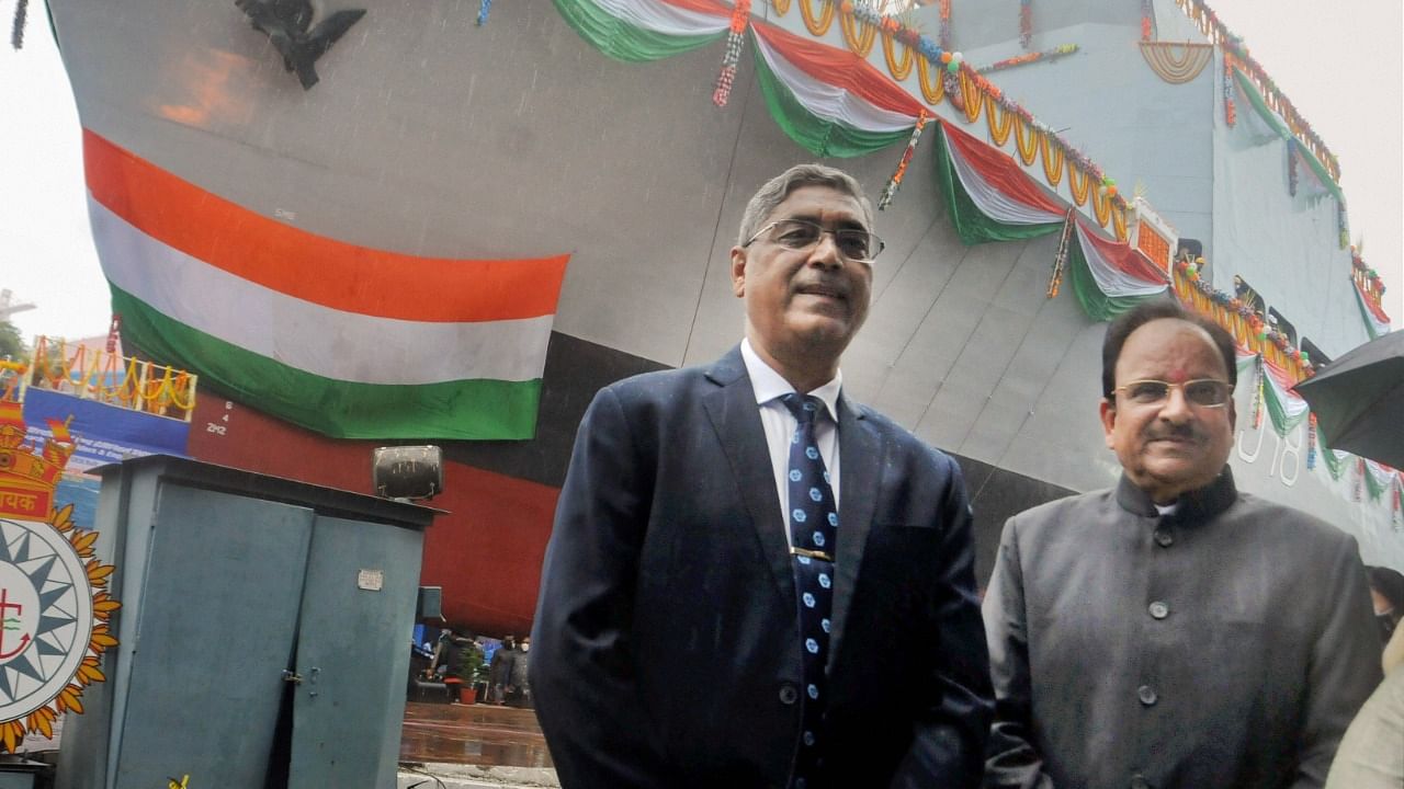 Union minister of state Ajay Bhatt (Right) at the launch of the 'Sandhayak' vessel along with Rear Admiral (retd) and CMD of GRSE, VK Saxena. Credit: PTI Photo