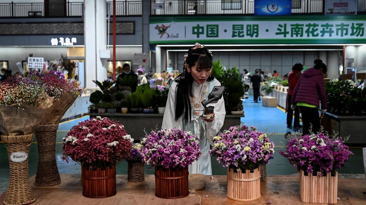 Influencer Bi Xixi dressed in traditional costume doing a livestream at the Dounan Flower Market to sell flowers with her phone in Kunming. Credit: AFP Photo