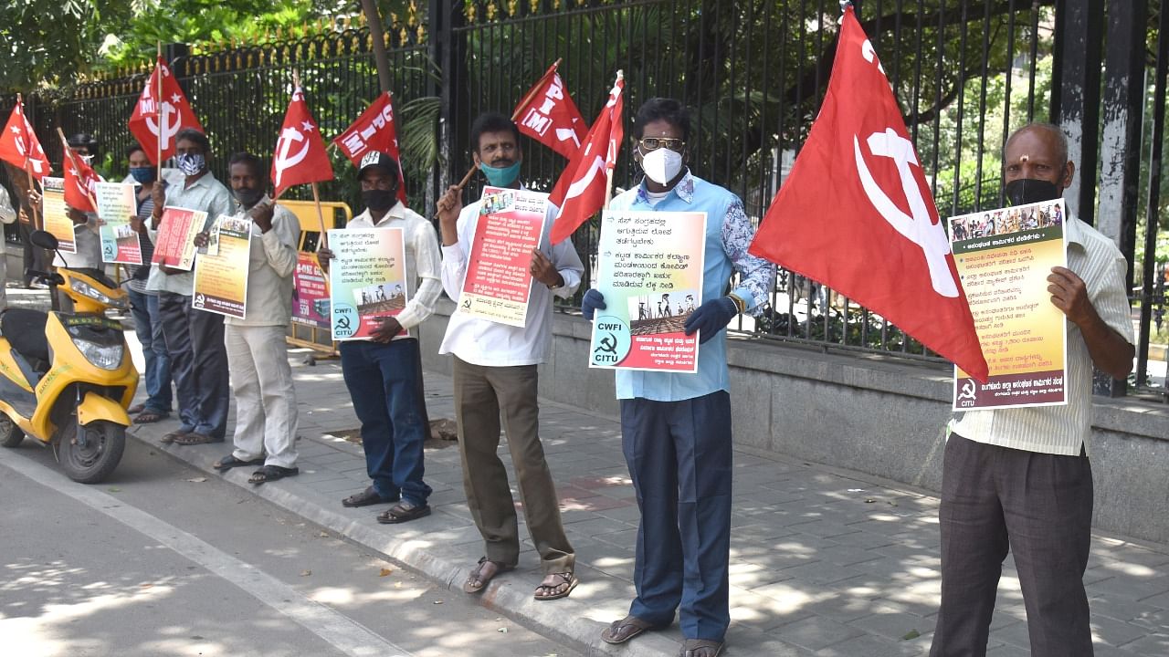 Members of CITU stage a protest in Bengaluru earlier this year. Credit: DH File Photo
