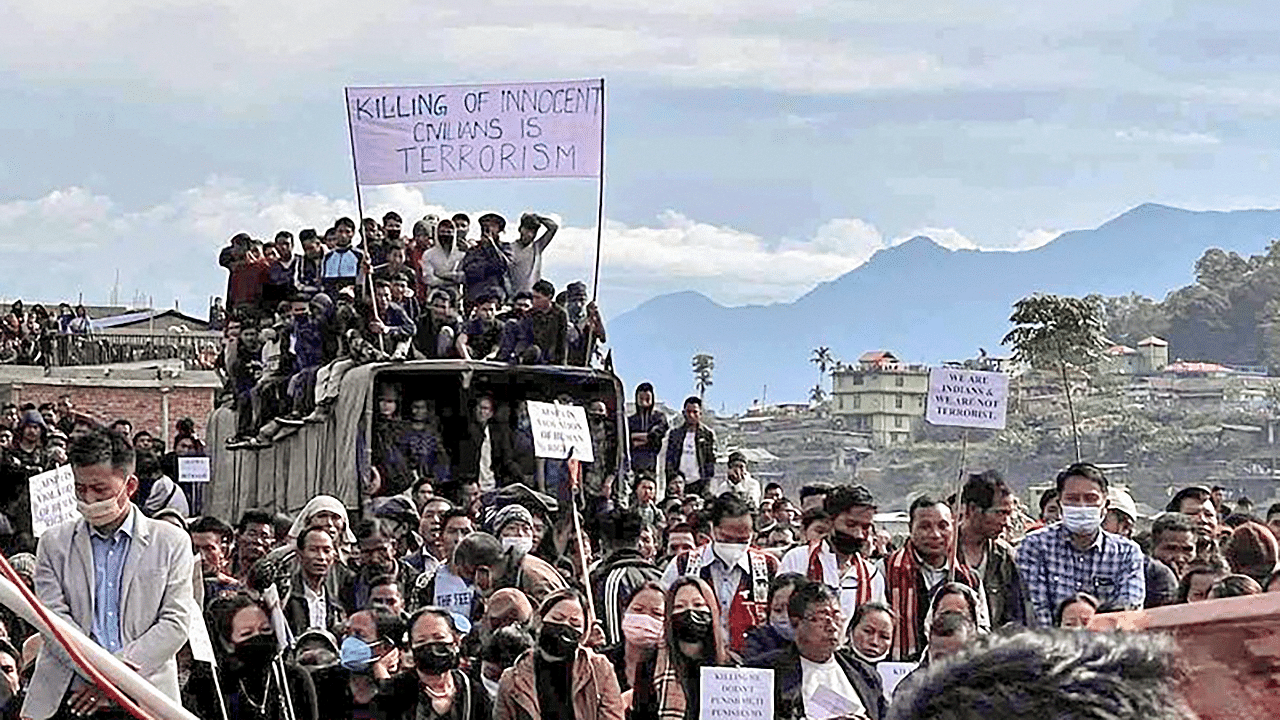 Locals during a protest over the death of 13 people, who were allegedly killed by Armed Forces. Credit: PTI Photo