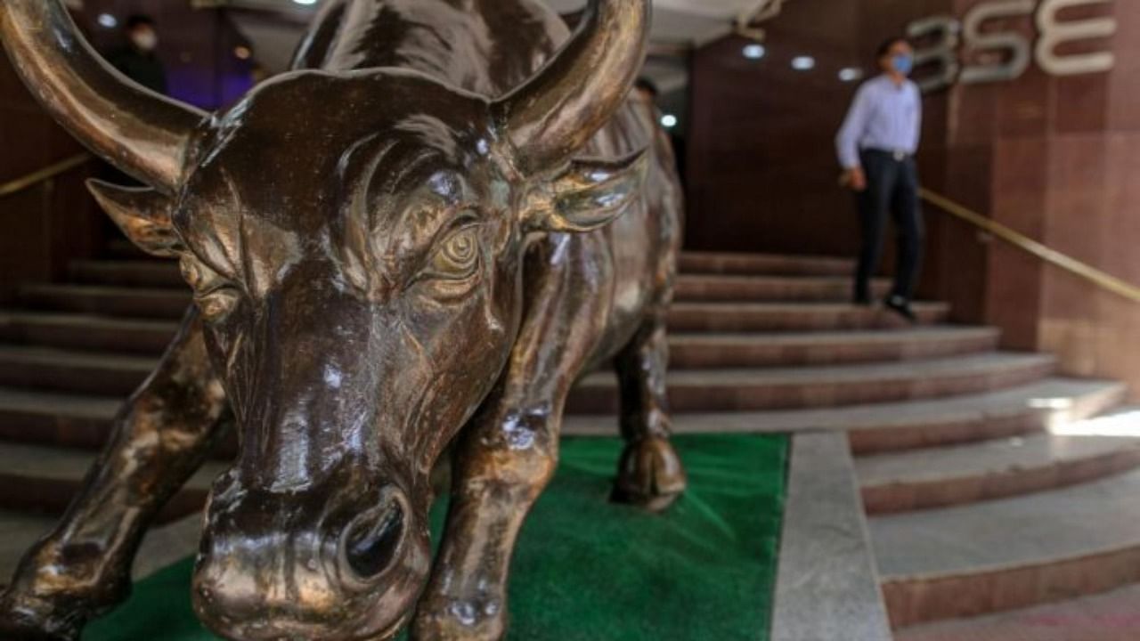 A bronze bull statue stands at the entrance to the Bombay Stock Exchange (BSE). Credit: Bloomberg
