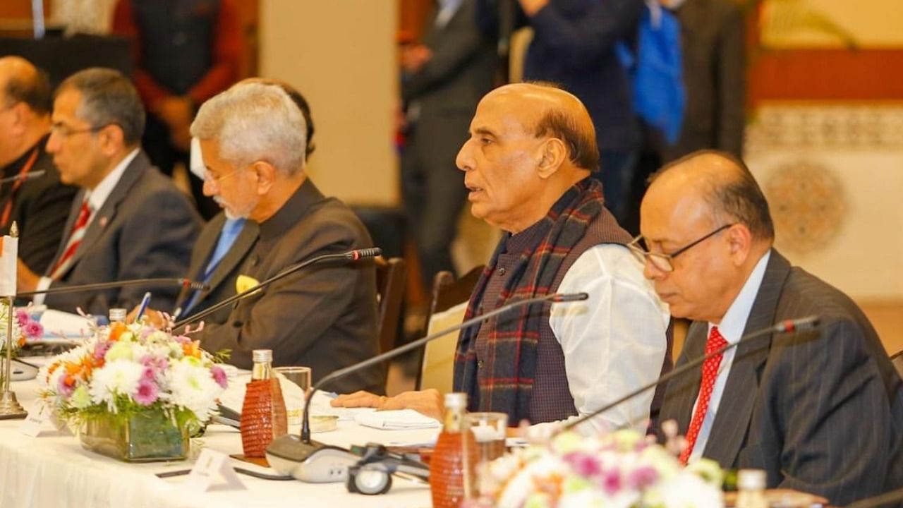 Union Defence Minister Rajnath Singh during a bilateral discussion on Defence Cooperation with his Russian counterpart Gen Sergei Shoigu at the India-Russia Inter-Governmental Commission on Military & Military Technical Cooperation (IRIGC-M&MTC) in New Delhi, Monday, December 06, 2021. Credit: Twitter/IANS