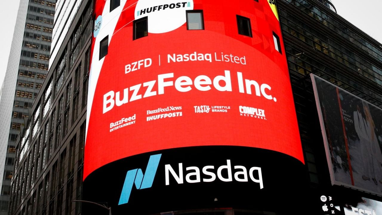 A screen announces the debut of BuzzFeed Inc. at the Nasdaq Market in Times Square in New York City, U.S., December 6, 2021. Credit: Reuters Photo