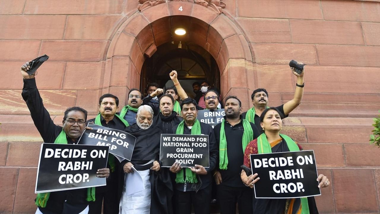  TRS MPs boycott the entire session of Parliament over farmers' issues during Winter Session, in New Delhi, Tuesday, Dec 7, 2021. Credit: PTI Photo