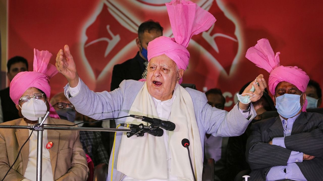 Farooq Abdullah speaks during a day-long convention of the NC's central zone. Credit: PTI Photo