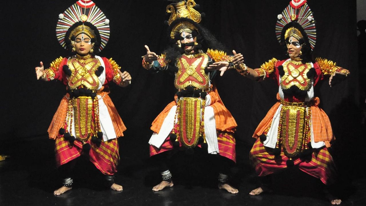 Students, who underwent training in Yakshagana, present the dance form at Yakshagana Kendra in Udupi. Credit: DH Photo
