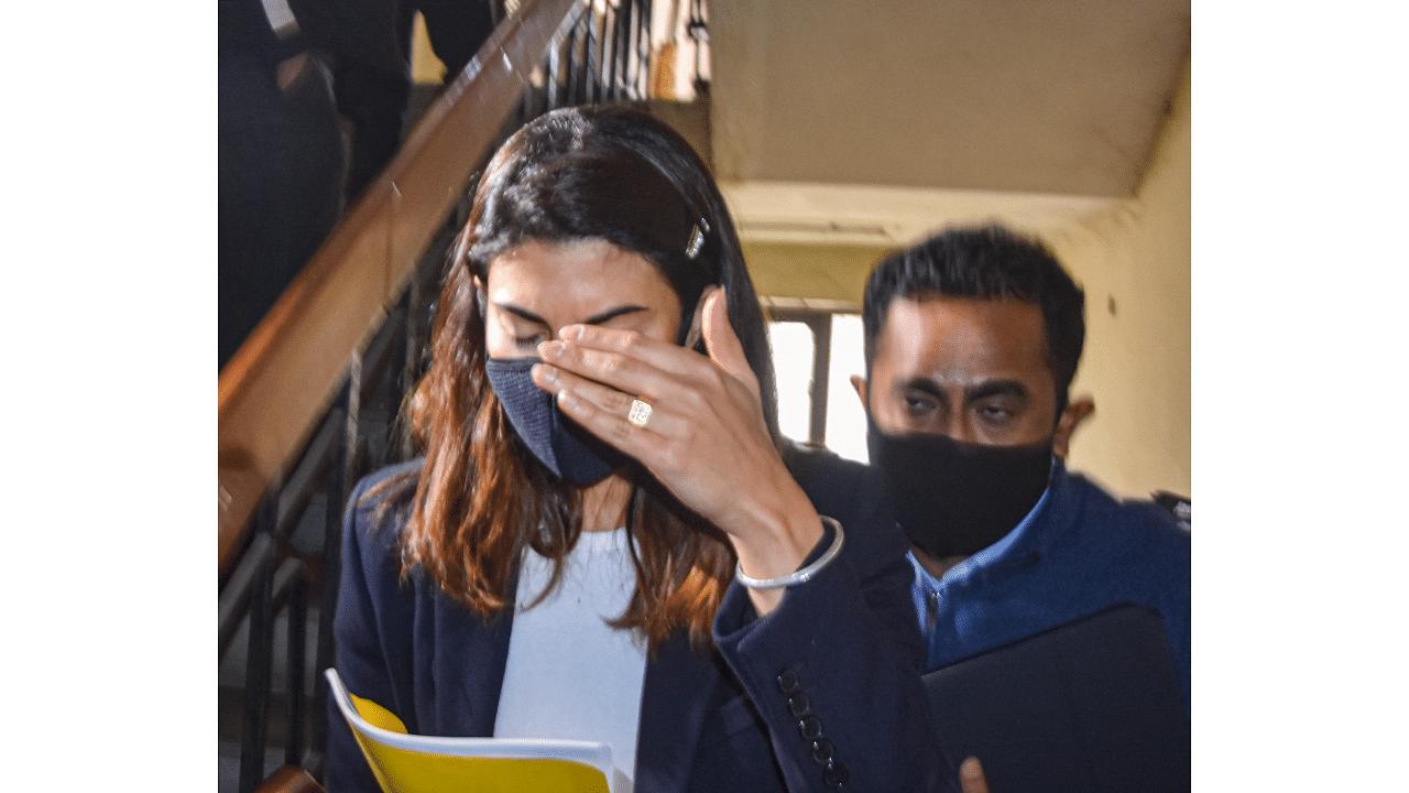  Bollywood actress Jacqueline Fernandez arrives at Enforcement Directorate office for questioning in connection with a money laundering case. Credit: PTI Photo