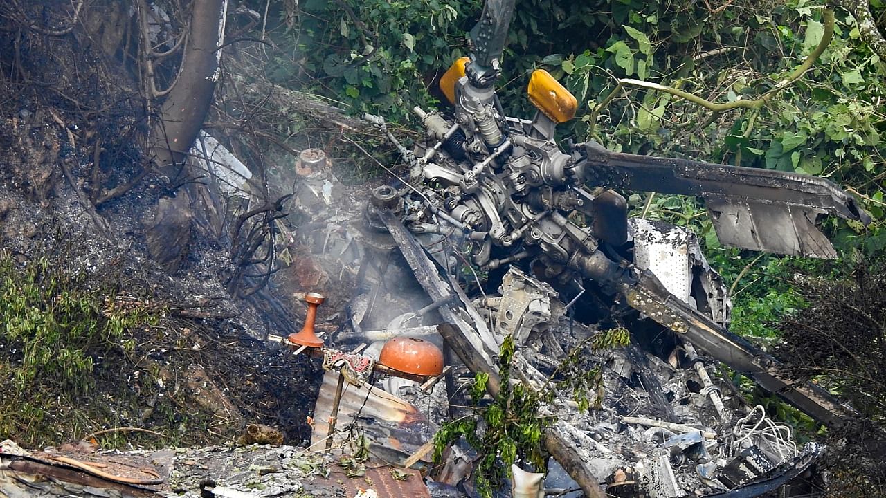 Wreckage of the crashed IAF Mi-17V5 helicopter, in Coonoor, Tamil Nadu. Credit: PTI Photo