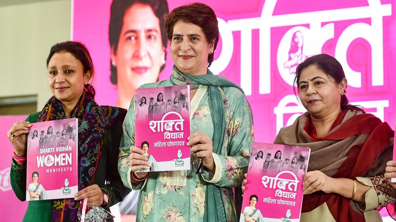 Priyanka Gandhi Vadra launches the women's manifesto. Credit: PTI Photo