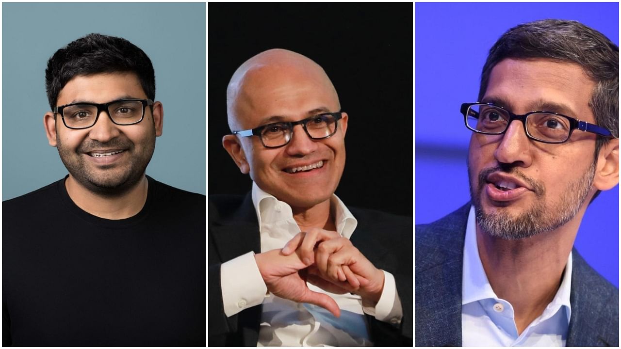 (From R to L) Parag Agrawal of Twitter, Satya Nadella of Microsoft and Sundar Pichai of Google. Credit: AFP/Reuters Photo
