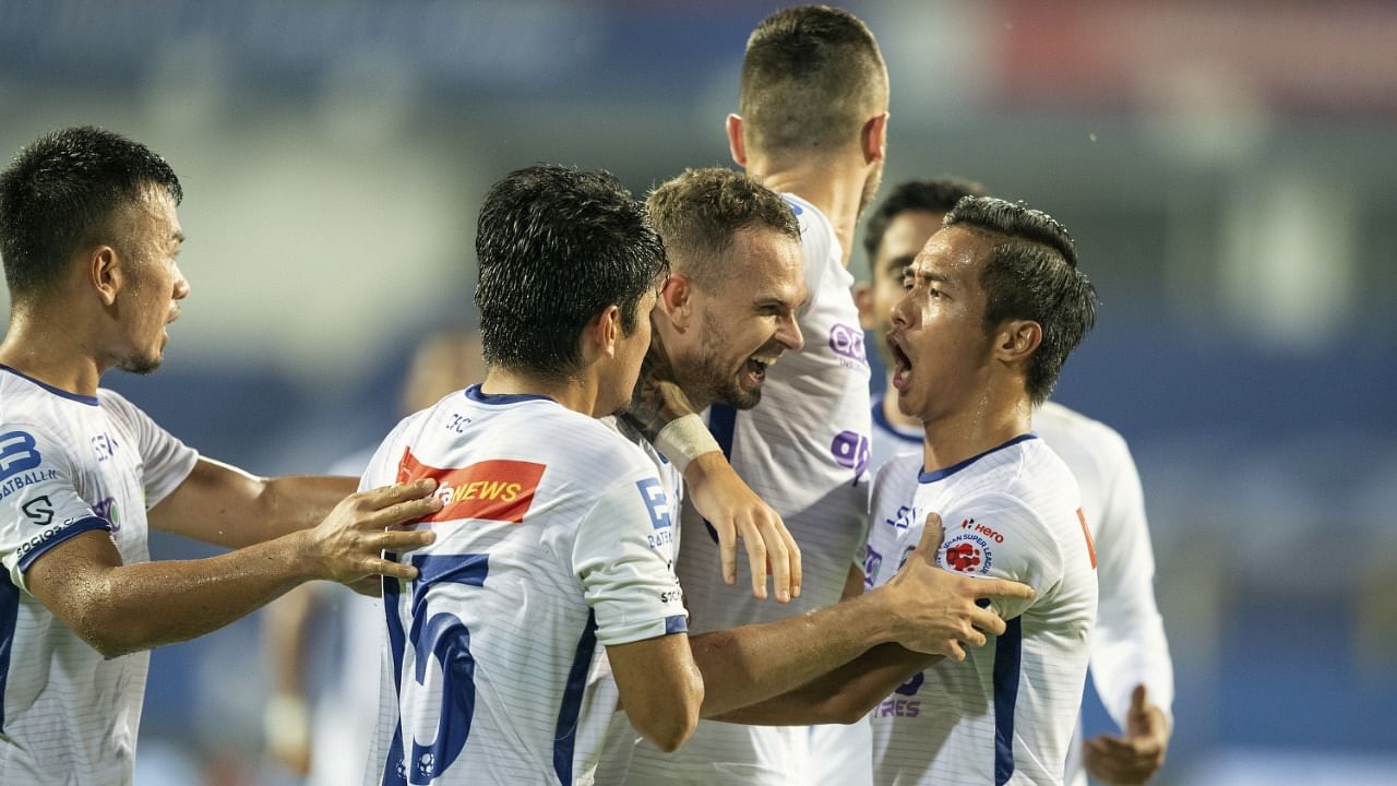 Vlagyimir Koman of Chennaiyin FC celebrates a goal against ATK Mohun Bagan. Credit: PTI Photo