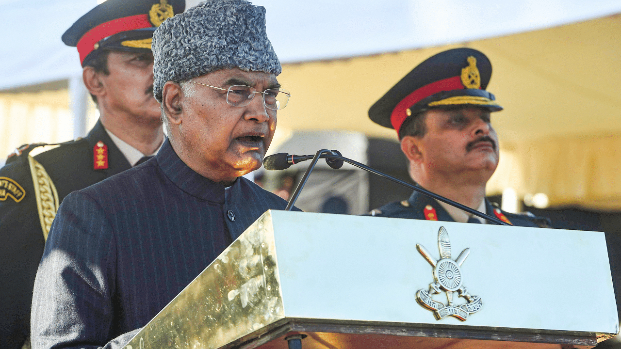 President Ram Nath Kovind speaks at the Passing Out Parade at the Indian Military Academy in Dehradun. Credit: PTI Photo