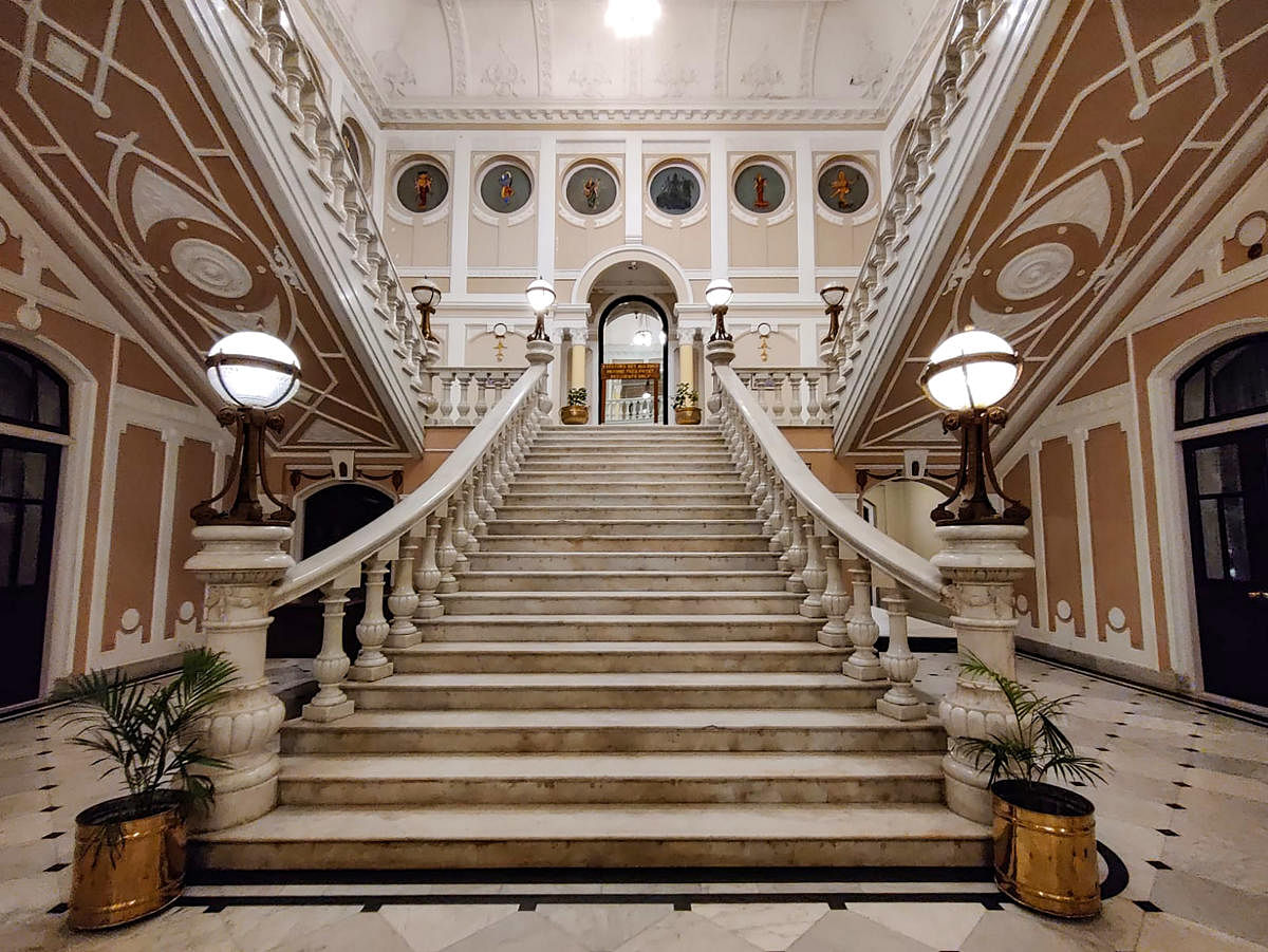 **EDS: WITH STORY DES 22** Mysuru: The staircase in the lobby area of the Lalitha Mahal Palace, a heritage hotel, in Mysuru. Exactly hundred years ago, on November 18, 1921, the foundation stone of this palatial building, said to be modelled on St Paul's