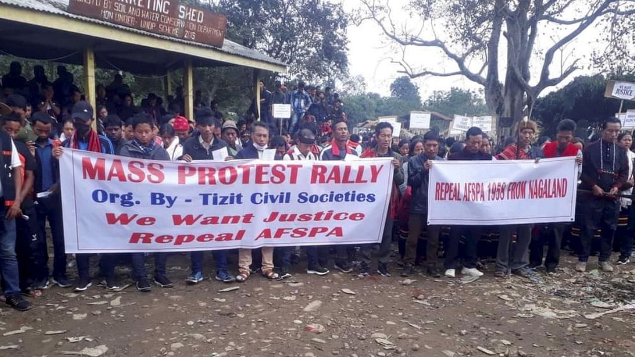 Locals stage a protest demanding repeal of Armed Forces (Special Powers) Act in Mon district of Nagaland. Credit: PTI Photo