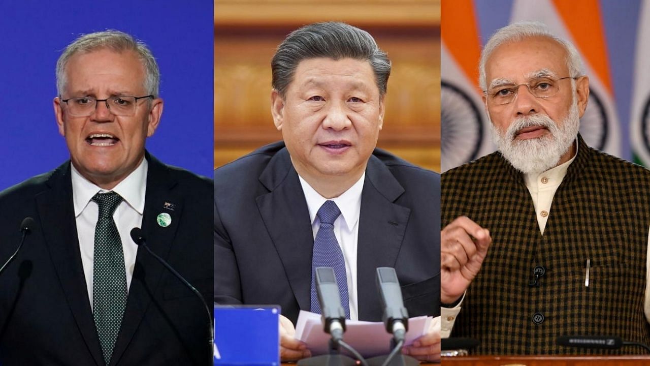 Australia PM Scott Morrison (L), China PM Xi Jinping (C), and India PM Narendra Modi (R). Credit: Reuters Photo and PTI Photo
