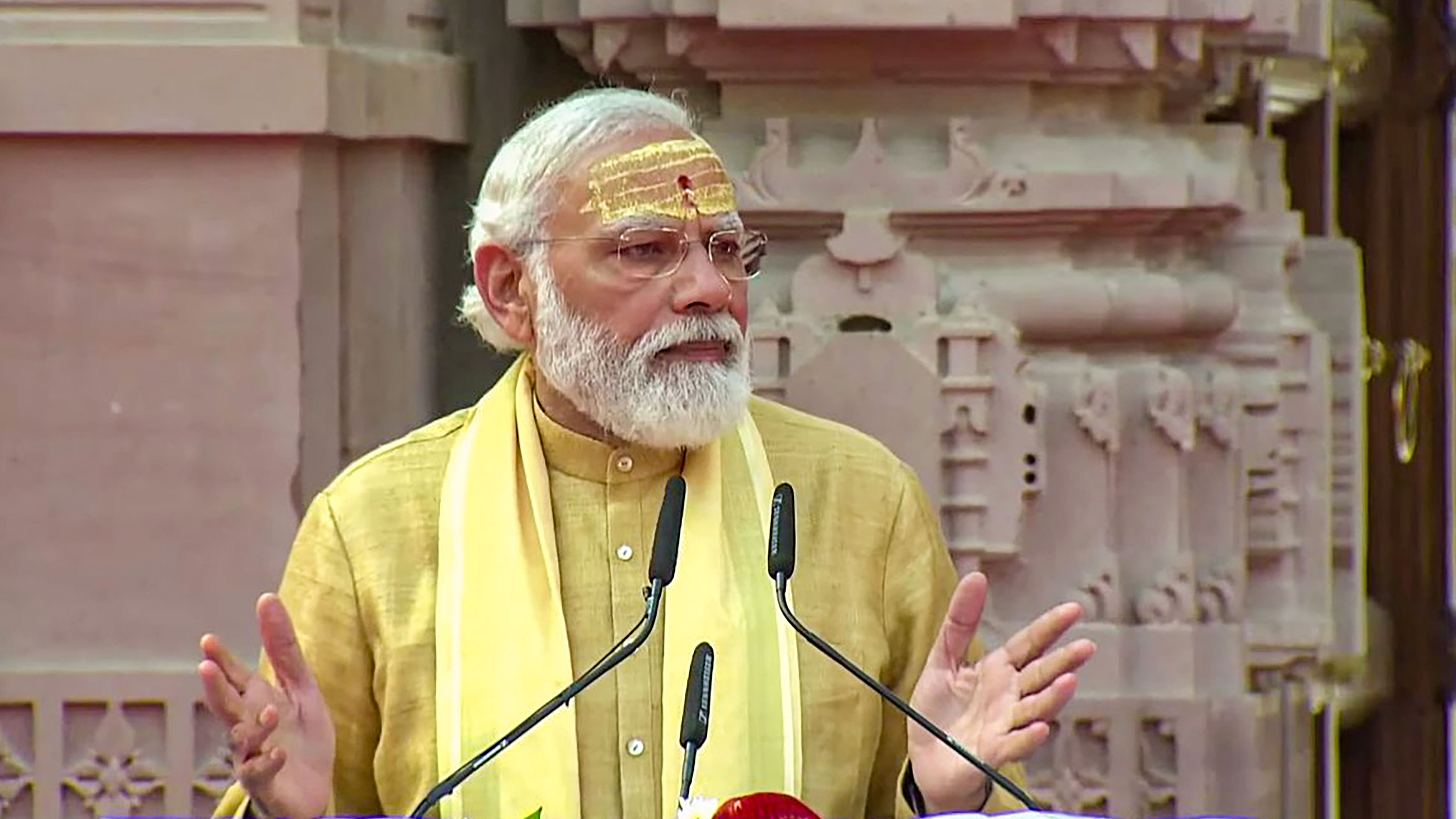 Prime Minister Narendra Modi speaks during the inauguration of redeveloped Kashi Vishwanath corridor during his two-day visit to Varanasi. Credit: PTI Photo