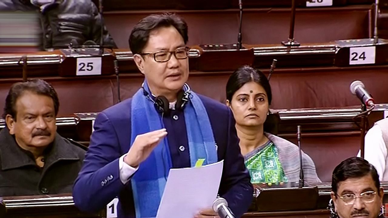 nion Law and Justice Minister Kiren Rijiju speaks in the Rajya Sabha during the Winter Session of Parliament, in New Delhi. Credit: PTI File Photo