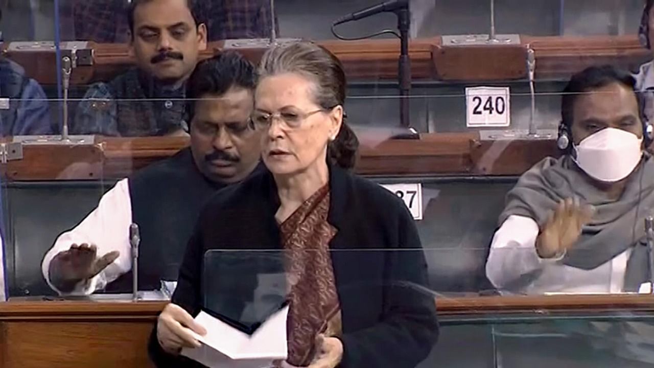 Congress President Sonia Gandhi speaks in the Lok Sabha during the Winter Session of Parliament, in New Delhi, Monday, Dec. 13, 2021. Credit: PTI Photo