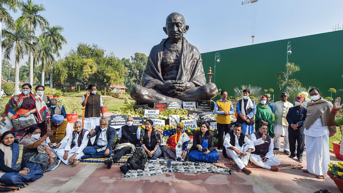 File photo of Opposition parties' MPs protesting at Parliament. Credit: PTI File Photo