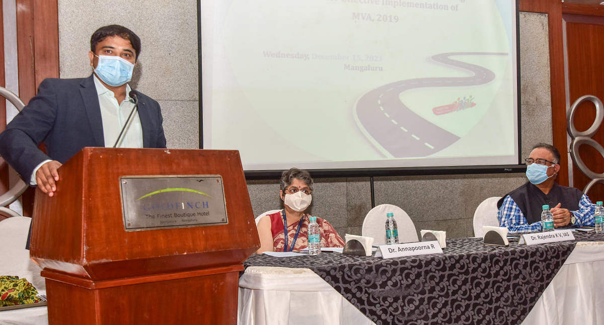 Deputy Commissioner Dr Rajendra K V speaks at a programme organised by Public Affairs Foundation (PAF), Bengaluru, and Consumer Unity and Trust Society (CUTS International), Jaipur, at Goldfinch Hotel in Mangaluru on Wednesday.