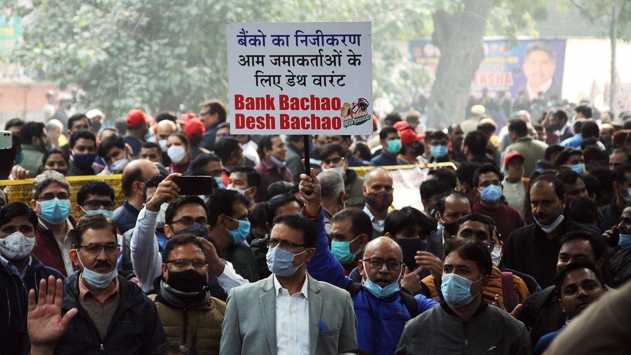 The bank employees held a demonstration outside SBI office near Ambedkar circle. Credit: IANS Photo