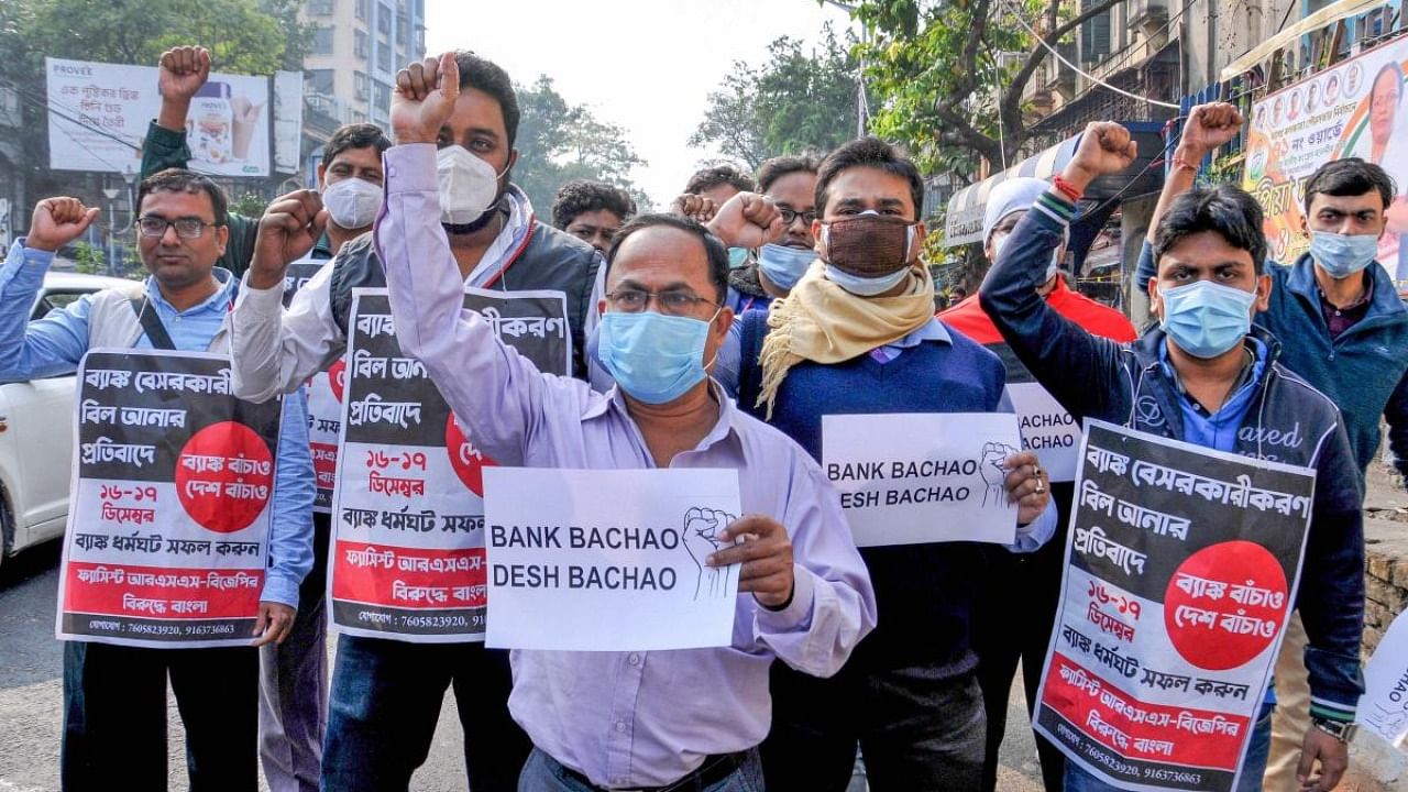 Bank employees participate in a rally against proposed privatisation of nationalised banks, in Kolkata. Credit: PTI Photo