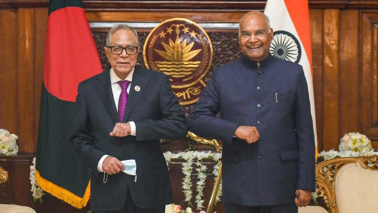 President Ram Nath Kovind with President Abdul Hamid of Bangladesh during a meeting in Dhaka. Credit: PTI Photo